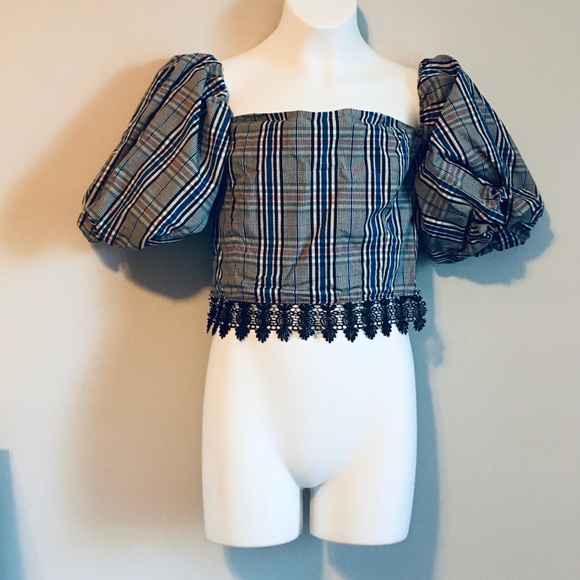 Zara plaid strapless top balloon sleeve - Picture 4 of 8